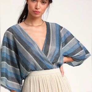 Lulus Blue Multi Striped Sheer Surplice Bodysuit size S